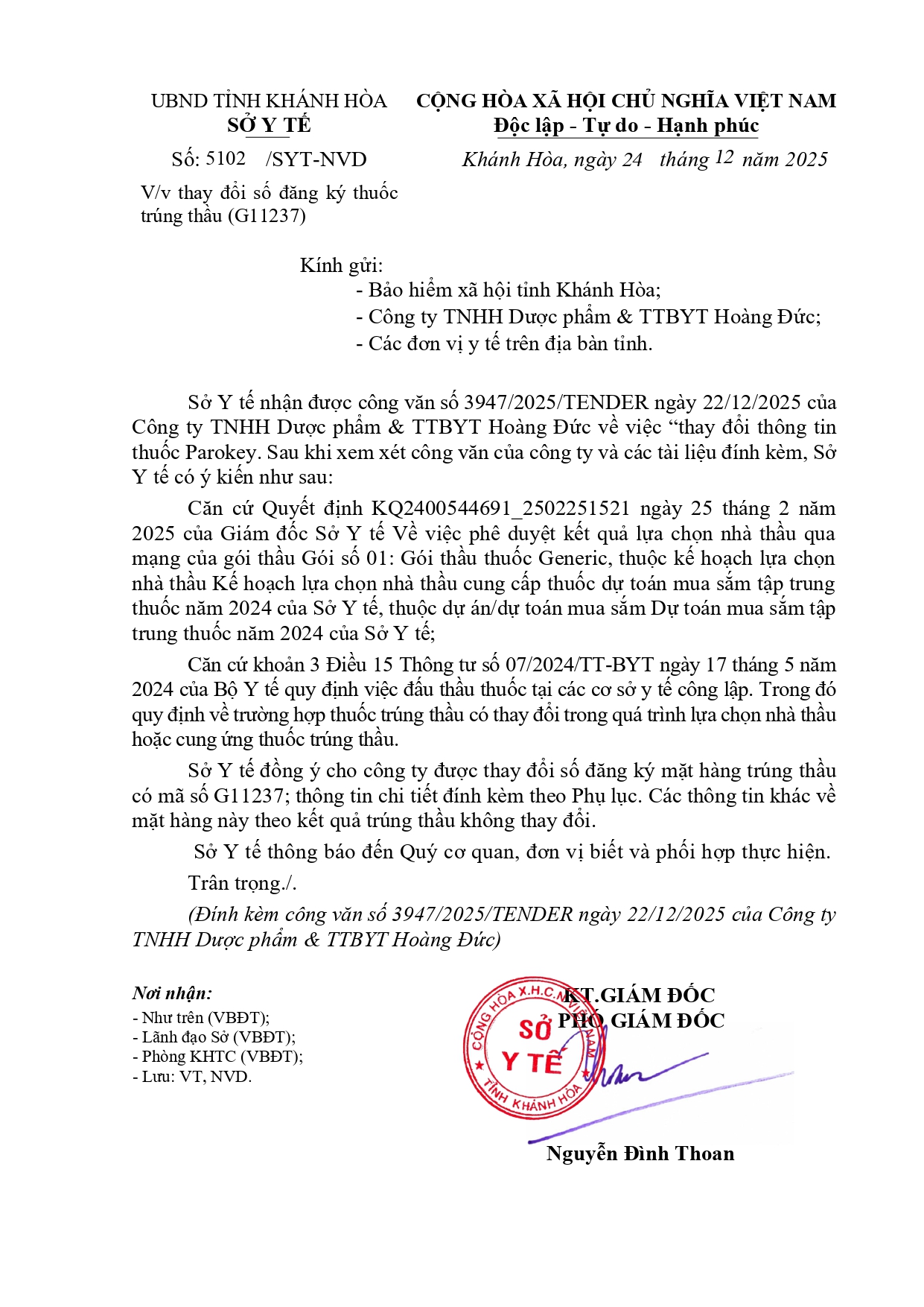 V/v thay đổi số đăng ký thuốc trúng thầu (G11237)